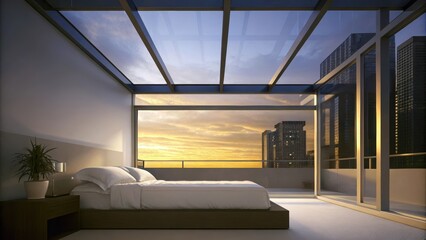 Poster - A minimalist bedroom with a lowprofile bed and soft white linens large glass panels framing a breathtaking sunset over towering buildings complemented by a simple nightstand and a
