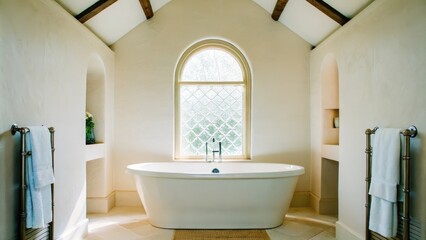Aufkleber - A tranquil bathroom showcasing a freestanding oval bathtub with curved lines walls painted in a gentle pastel white and a skylight that bathes the room in natural diffused light.
