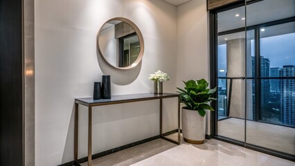 Poster - An elegant entryway showcasing a slim console table against a wall of glass providing unobstructed views of the skyline with a single chic mirror and a wellp plant to enhance the