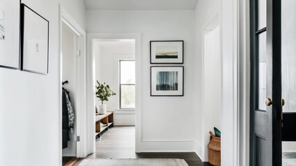 Aufkleber - A minimalist hallway bathed in natural light paved with light wood flooring adorned with a few carefully chosen artworks on crisp white walls leading to an elegantly simple reading