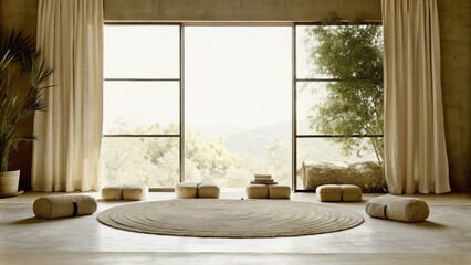 Aufkleber - A peaceful meditation space defined by a low circular rug surrounded by meditation cushions soft natural tones on the walls and a large open window that invites in the gentle sound