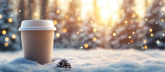 Aufkleber - Cozy winter scene with a takeaway coffee cup in snowy landscape and warm bokeh lights for festive holiday ambiance