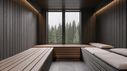 Poster - A calm meditation room featuring a sleek wooden platform and soft mats where the adjoining window allows a glimpse of the lush forest landscape outside.