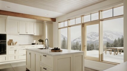 Poster - A modern kitchen with creamy white cabinetry and a vast island topped with quartz. Large windows offer a clear sight of snowcapped mountains while muted earth tones throughout the