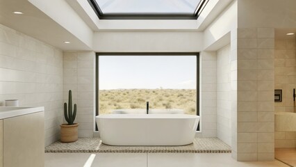 Poster - A tranquil bathroom featuring white tile and smooth stone accents illuminated by a skylight. A deep freestanding tub overlooks a panoramic window showcasing sweeping desert dunes