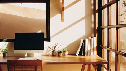 Poster - A bright home office with clean lines and a large desk facing a window. A few small potted cacti are arranged neatly on the desk while light floods the space casting shadows of the