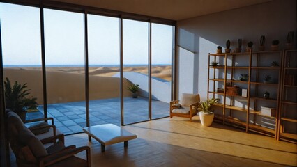 Aufkleber - A sunlit sunroom with large glass walls furnished with airy lounge chairs and a light table. The room features various small cacti p on shelves seamlessly blending indoor comfort