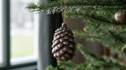 Aufkleber - Pinecone ornament hanging on a beautifully decorated Christmas tree by a window with soft natural light