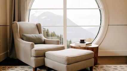 Poster - A cozy reading nook with a soft neutralcolored armchair and a matching ottoman. The nook is set in front of a round window that frames a stunning mountain vista inviting relaxation