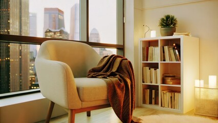 Aufkleber - A cozy reading nook with a plush armchair positioned by a large window providing a view of skyscrapers. A small bookshelf filled with neatly arranged books and a warm throw blanket