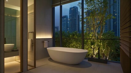 Aufkleber - A serene bathroom with clean lines and a freestanding bathtub positioned next to a large window allowing for a breathtaking view of skyscrapers at dusk. Soft lighting adds to the