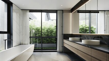 Poster - An elegant bathroom with sleek fixtures and marble surfaces complemented by a window that opens up to an urban garden allowing natural light and greenery to enter the space.