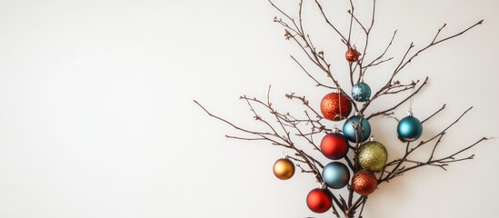 Poster - Unique alternative Christmas tree design featuring branches adorned with colorful vintage ornaments on a minimalist background