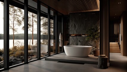 Aufkleber - A luxurious spa bathroom with a freestanding soaking tub p beneath large glass windows. Natural stones complement the minimalist decor while offering a splendid view of the calm