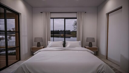 Aufkleber - A serene bedroom dominated by a large bed with crisp white linens where glass walls frame the picturesque lake view. Minimalist nightstands on either side support understated lamps