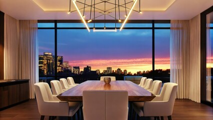 Aufkleber - An elegant dining area with a rectangular wooden table surrounded by white chairs illuminated by a contemporary chandelier. The backdrop reveals a vibrant sunset over the city