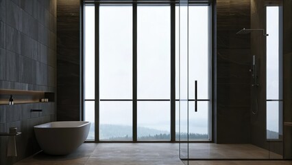 Poster - A contemporary bathroom with sleek fixtures and a frameless glass shower boasting a large window that showcases the vibrant street life while maintaining privacy with frosted