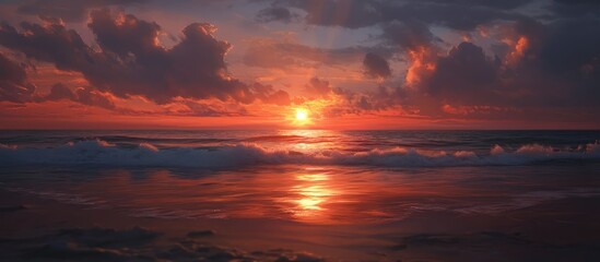 Poster - Serene sunset hues reflecting on calm beach waters under a dramatic cloudy sky during evening twilight