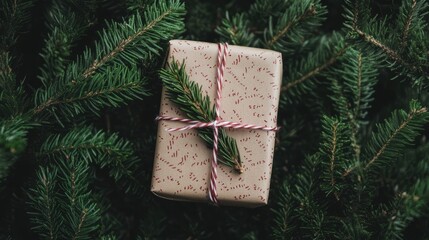 Aufkleber - Christmas gift wrapped in rustic paper surrounded by lush evergreen branches creating a festive holiday atmosphere.