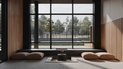 Aufkleber - A meditation room with a large window overlooking the park featuring soft earthtoned cushions on the floor a small indoor water fountain and walls to maintain a sense of peace and