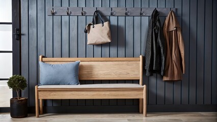 Aufkleber - An inviting entryway with a light wood bench and a neutraltoned cushion. A small potted plant rests beside the bench and hooks on the wall hold a few understated bags and jackets