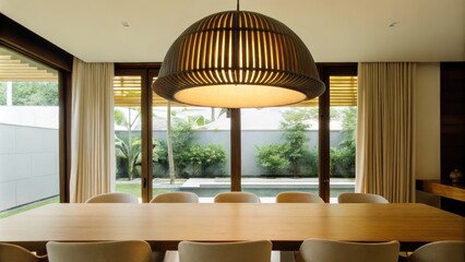 Aufkleber - An airy dining area showcases a large wooden table surrounded by minimalist chairs positioned beneath a striking pendant light that casts warm illumination while views of the