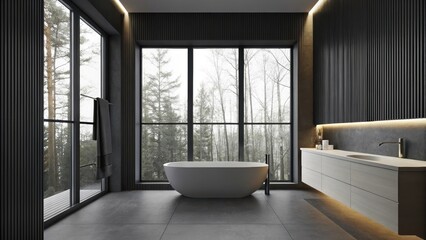 Aufkleber - A tranquil bathroom with sleek lines and a large window providing a view of the parks trees complete with a freestanding tub and minimalist fixtures emphasizing a spalike