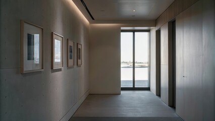 Aufkleber - A sleek minimalist hallway is adorned with a few framed artworks leading to a large window that effortlessly frames the tranquil harbor view inviting soft light into the otherwise