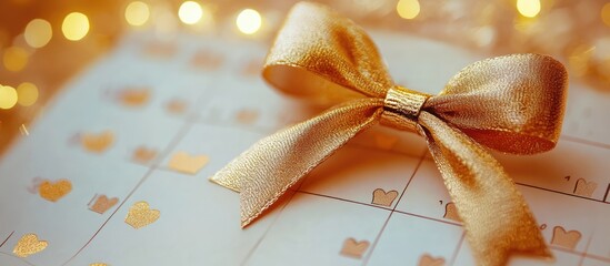 Poster - Gold bow ribbon on a calendar page highlighting Valentine's Day celebration with soft bokeh background and golden hearts.