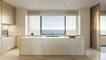 Aufkleber - The minimalist kitchen features a large island wrapped in white quartz paired with sleek light cabinetry and a window above the sink that provides a view of endless azure waves and