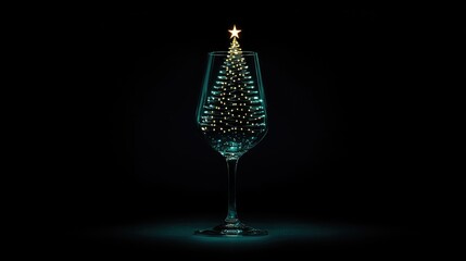 Poster - Festive champagne glass with miniature Christmas tree glowing inside on a dark background creating a celebratory atmosphere