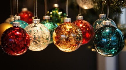 Poster - Christmas tree ornaments including colorful glass balls and festive decorations hanging on a tree branch during the holiday season