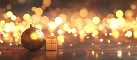 Aufkleber - Golden Christmas ornament and gift boxes on a blurred bokeh lights background creating a festive and warm home decor atmosphere.