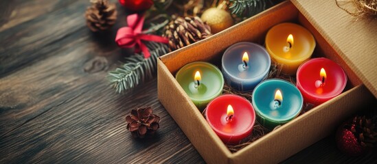 Aufkleber - Colorful candles in an open gift box on wooden surface surrounded by festive decorations for celebration and holiday events