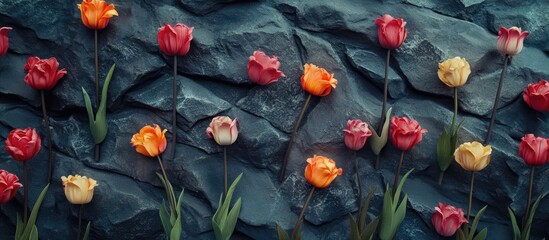 Leinwandbilder - Colorful tulip flowers arranged artistically on a textured stone backdrop with ample copy space for branding or messaging purposes