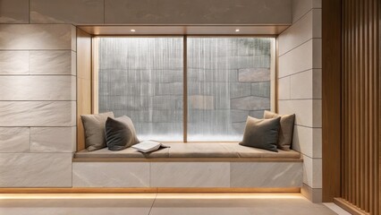 Poster - A tranquil reading nook boasts a cozy stoneclad alcove filled with plush cushions where a glass wall reveals a picturesque waterfall creating a soothing backdrop of sound and