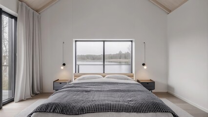 Aufkleber - A cozy bedroom showcasing a low wooden bed frame covered with a textured woven blanket minimalistic bedside tables with soft lighting and a large window framing a view of the calm