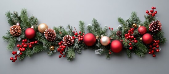 Poster - Festive Christmas decor with red ornaments pine cones and greenery on gray backdrop Aerial view flat lay with empty space for greetings