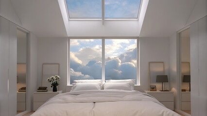 Aufkleber - A serene bedroom featuring a large bed with crisp white linens minimalist decor and a skylight. Fluffy clouds float lazily overhead filling the room with a soft diffused light.