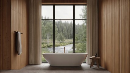 Poster -  a freestanding tub positioned under a large window with a view of the stream complemented by warm wood accents and soft neutral tiles.