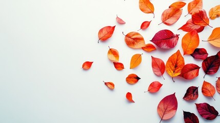 Poster - Colorful autumn leaves scattered on a white background showcasing vibrant hues of red, orange and yellow for seasonal decoration and design.