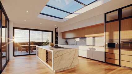Poster - An airy kitchen adorned with bright white cabinetry where natural light streams in through skylights casting playful shadows on a marble island while an open view reveals a bright