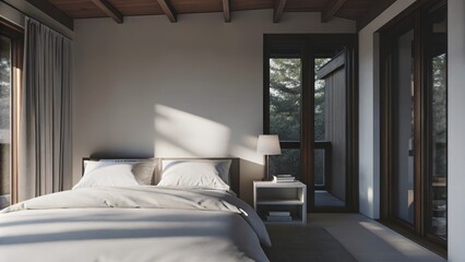 Poster - A minimalist bedroom with crisp white linens and a neutralcolored duvet cover softly illuminated by sunlight streaming through wideopen windows. A slim bedside table holds a single