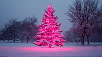 Poster - Snow-covered pink Christmas tree glowing in winter landscape with snowy surroundings celebrating the festive season.