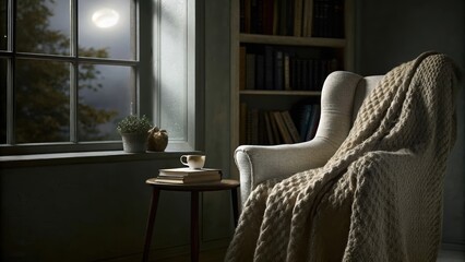 Aufkleber - An intimate reading nook with a large inviting armchair covered in a textured knit blanket softly illuminated by moonlight streaming through a nearby window creating a calm and