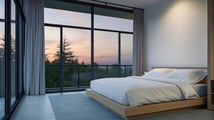 Poster - A tranquil bedroom showcasing a large window that frames a breathtaking view of the sunset with light orange and pink tones spilling onto the crisp white bedding and a simple