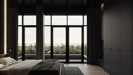 Poster - A stylish bedroom featuring a lowprofile bed and soft textiles with floortoceiling windows that reveal a stunning view of landscaped gardens d over the rooftop.