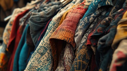 Poster - Colorful textiles hanging in a vibrant market showcasing intricate patterns and rich textures of traditional clothing.