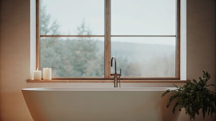 Aufkleber - A calm bathroom featuring a freestanding tub p under a large window. The soft morning light highlights the minimal decor with just a single candle and a small plant on the edge of