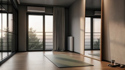 Poster - A tranquil home gym with a large wall mirror reflecting the soft morning light. A yoga mat is neatly p on a polished wood floor complemented by a single water bottle resting